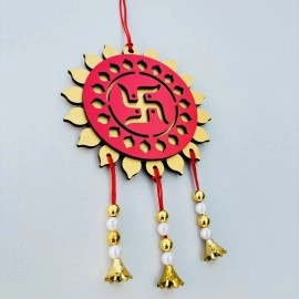 Tempting Red and Golden Swastika Car Hanging with Pearls and Bells