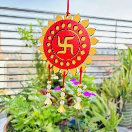 Tempting Red and Golden Swastika Car Hanging with Pearls and Bells