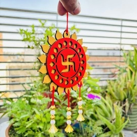 Tempting Red and Golden Swastika Car Hanging with Pearls and Bells