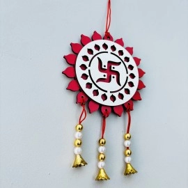 Enticing Red And White Acrylic Swastika Car Hanging with White and Golden Pearls