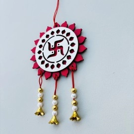 Enticing Red And White Acrylic Swastika Car Hanging with White and Golden Pearls