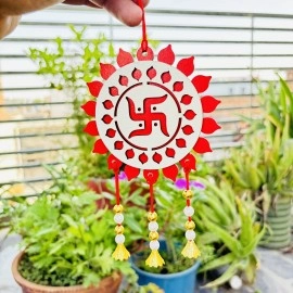 Enticing Red And White Acrylic Swastika Car Hanging with White and Golden Pearls