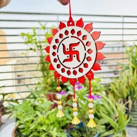 Enticing Red And White Acrylic Swastika Car Hanging with White and Golden Pearls